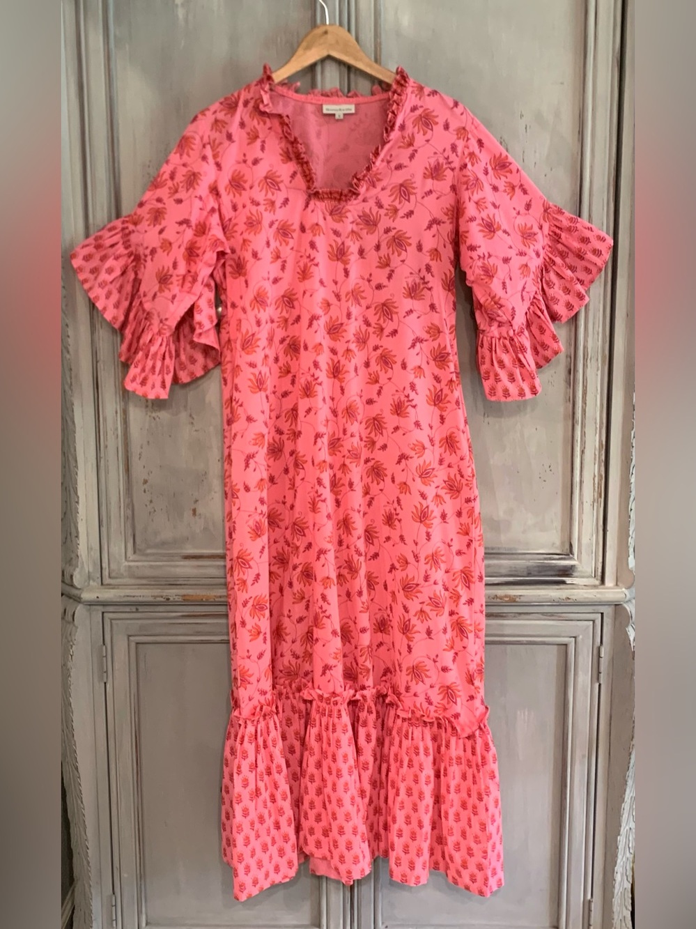Fitzroy & Willa Soleil Coral Pink Floral Maxi Dress Sz S